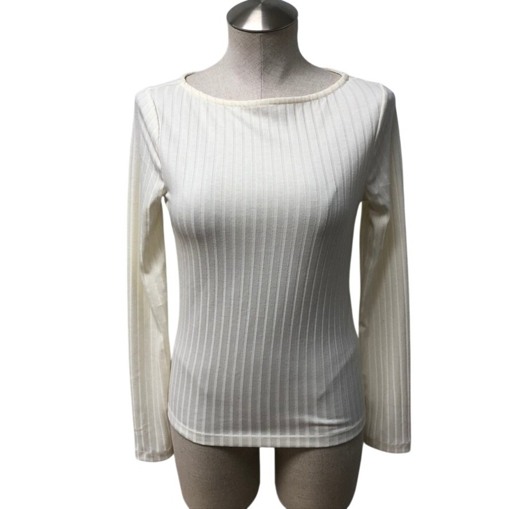 Evereve Ribbed Knit Top‎ Womens XS Cream Boat Neck Long Sleeve Minimalist
